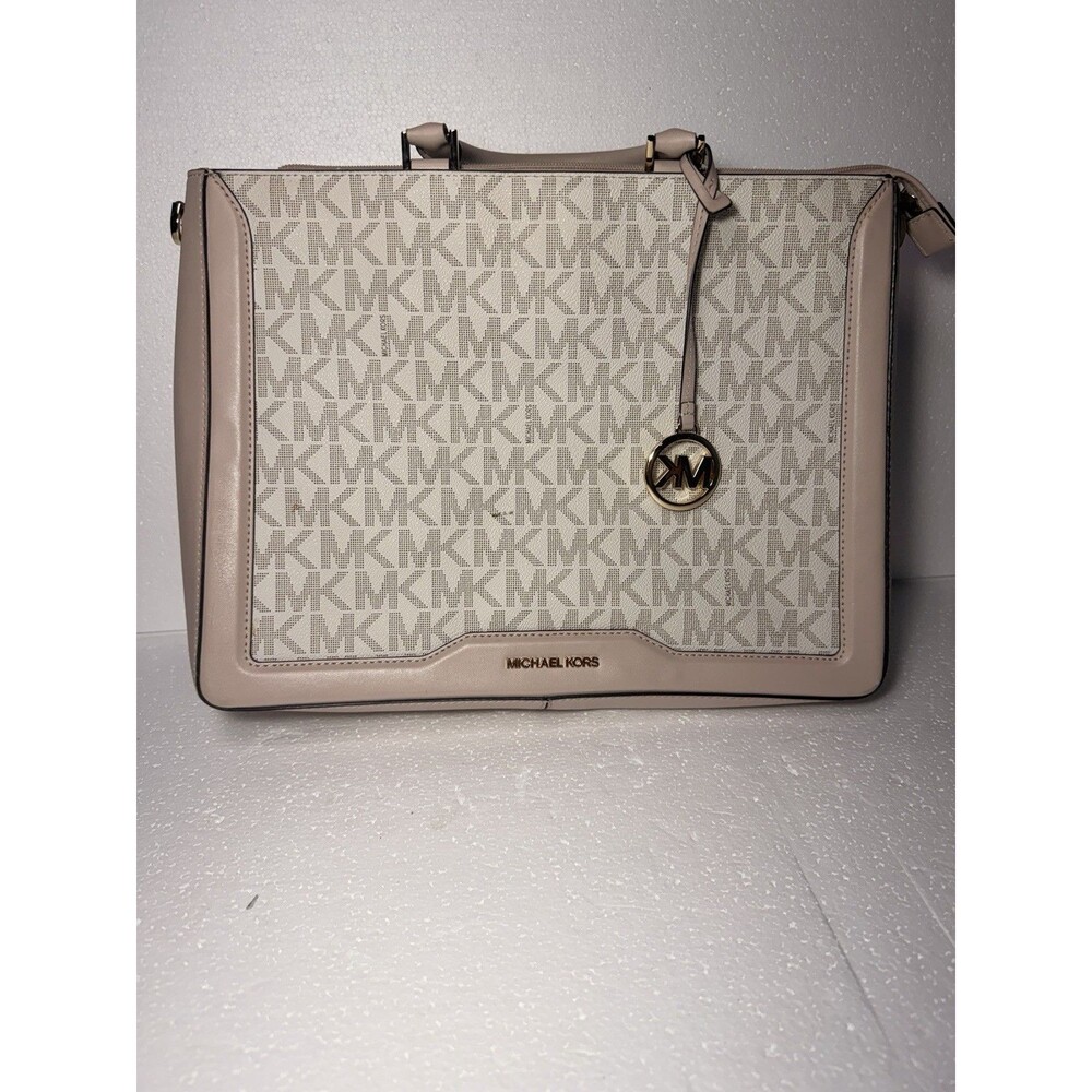 Michael Kors MK Signature Logo Large Zip Top Tote Bag Satchel Blush Pink Cream⁠